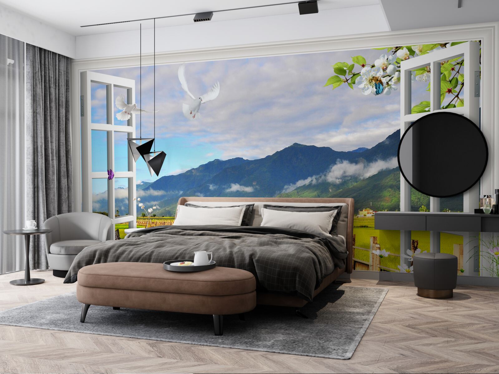 Papier peint vue de la fenêtre sur le panorama de la montagne