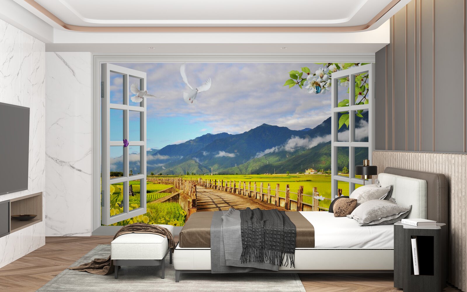 Papier peint vue de la fenêtre sur le panorama de la montagne