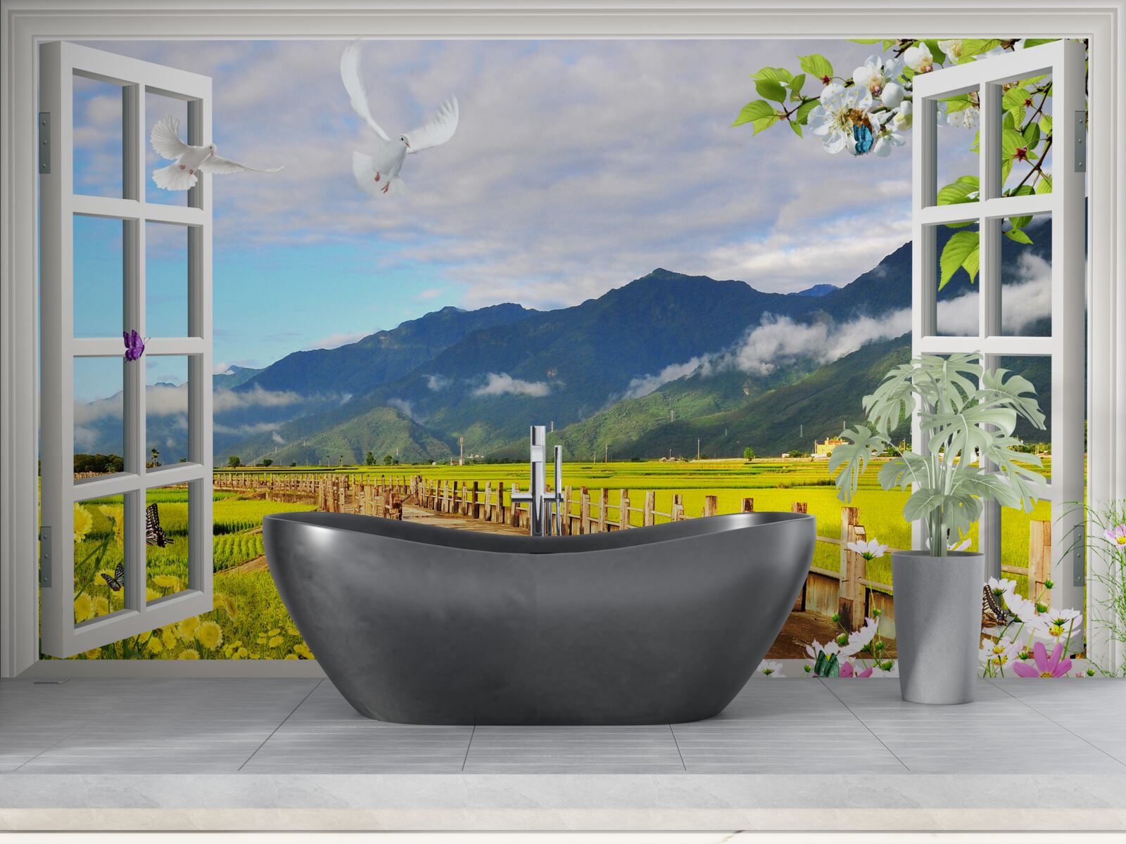 Papier peint vue de la fenêtre sur le panorama de la montagne