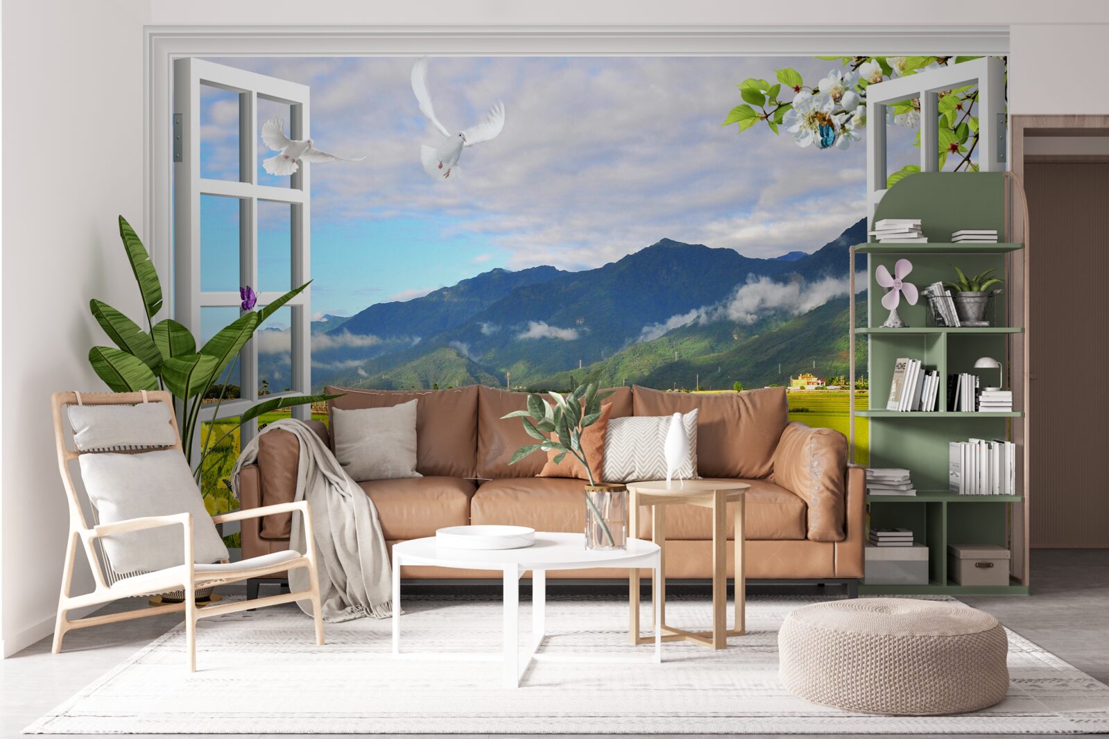 Papier peint vue de la fenêtre sur le panorama de la montagne