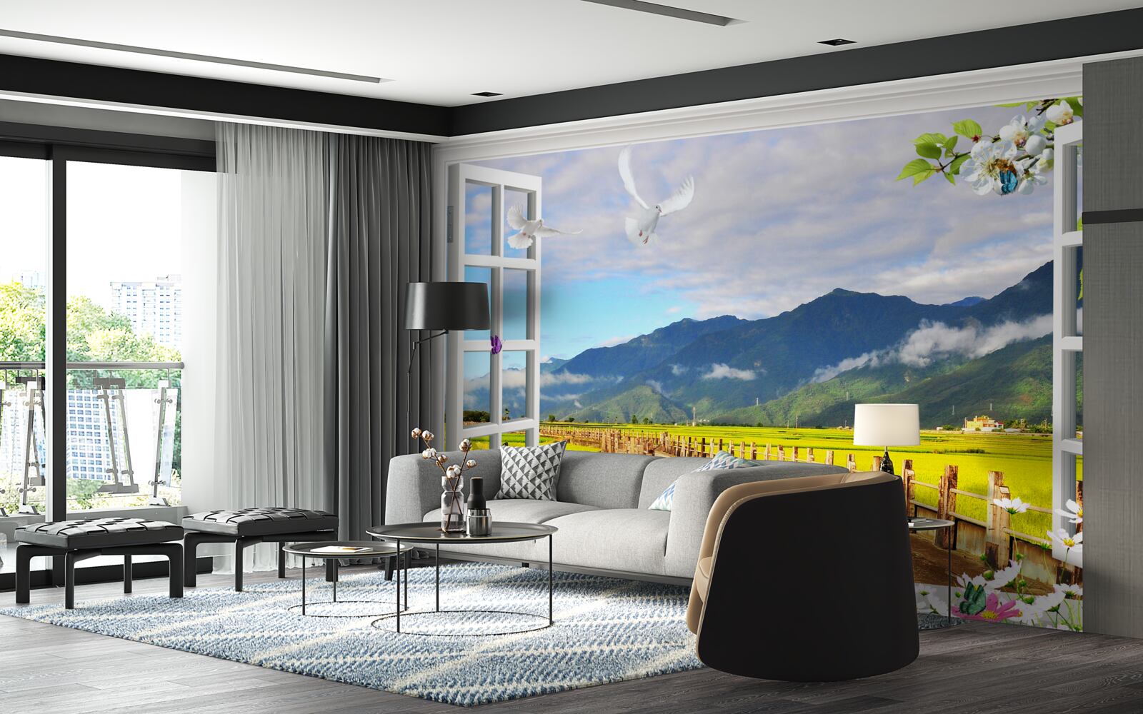 Papier peint vue de la fenêtre sur le panorama de la montagne