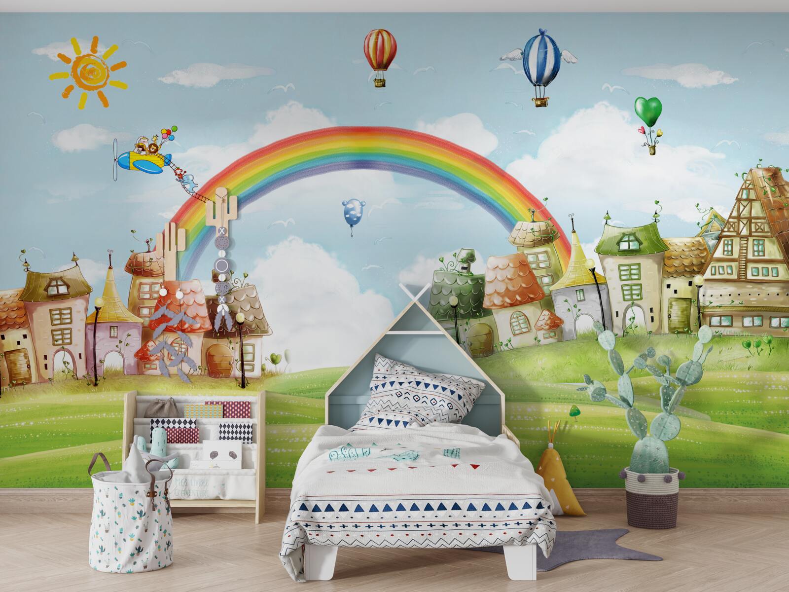 Papier peint la ville colorée est décorée d'arcs-en-ciel