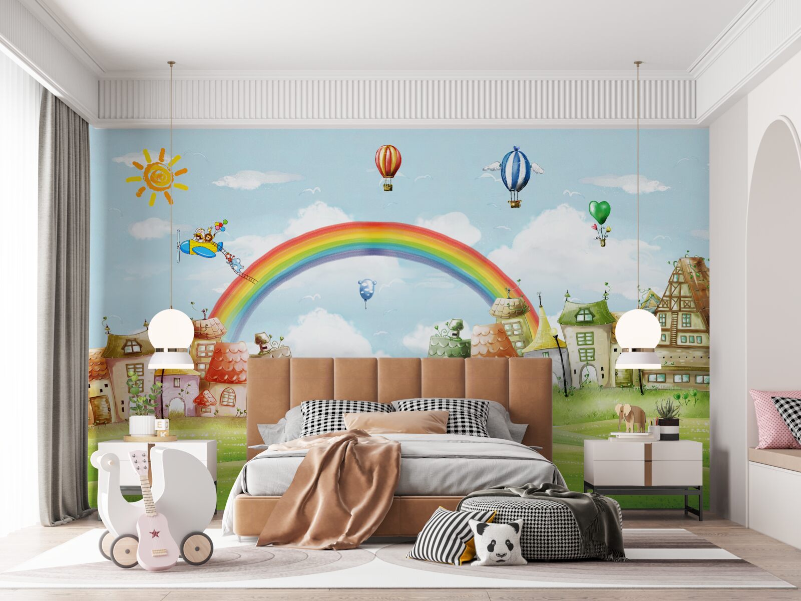 Papier peint la ville colorée est décorée d'arcs-en-ciel