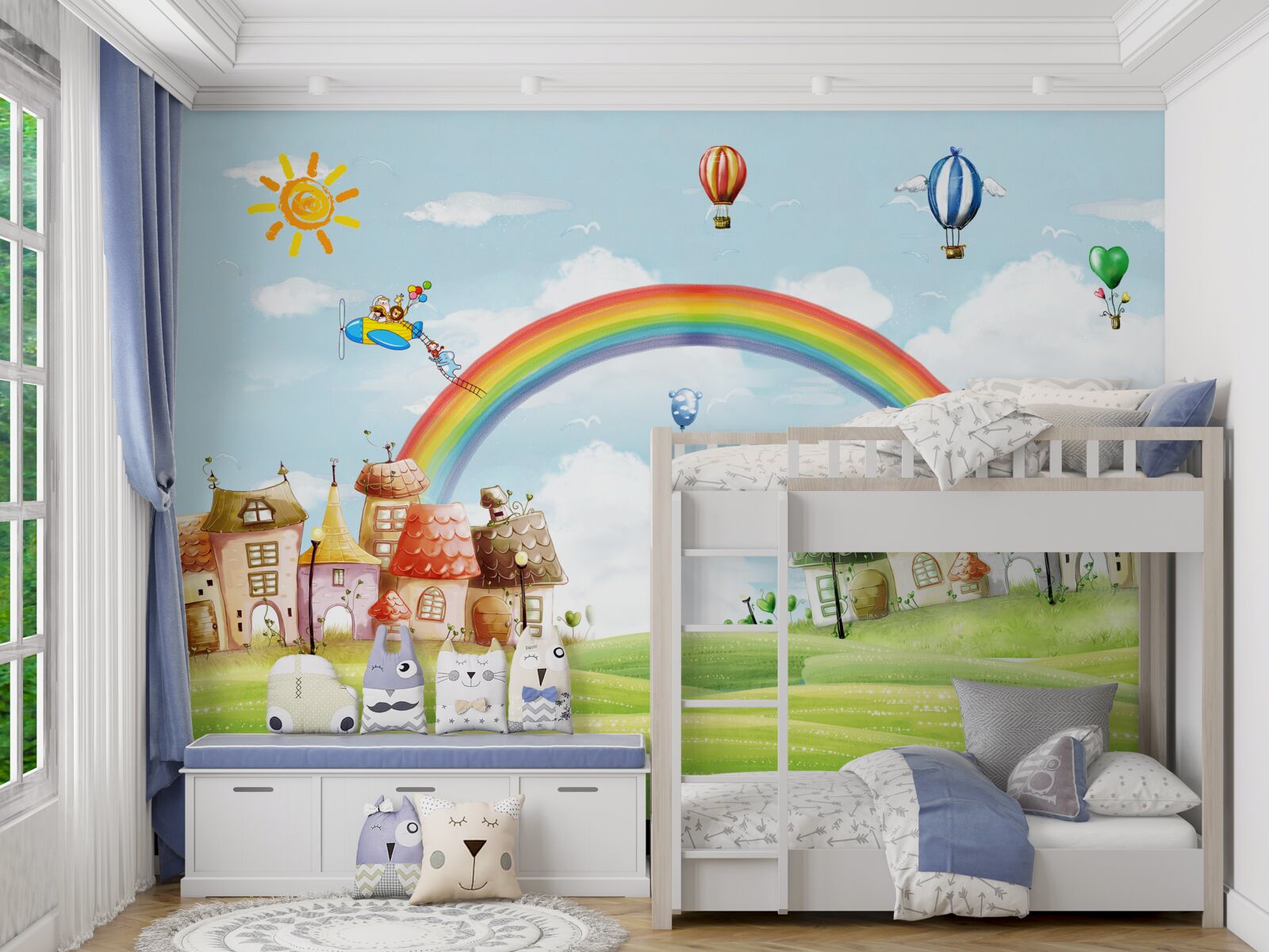 Papier peint la ville colorée est décorée d'arcs-en-ciel