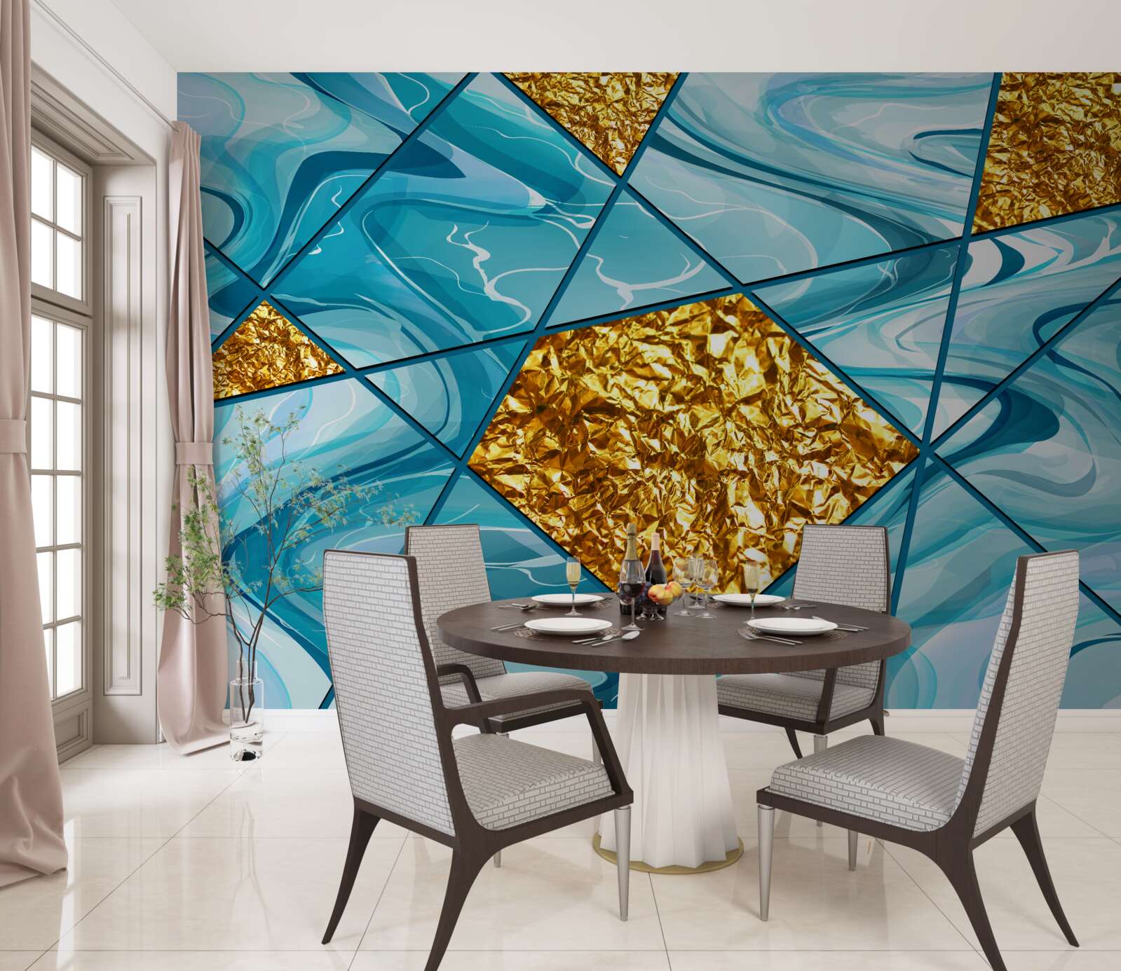 Papier peint le ciel est bleu et flou, décoré d'accents dorés