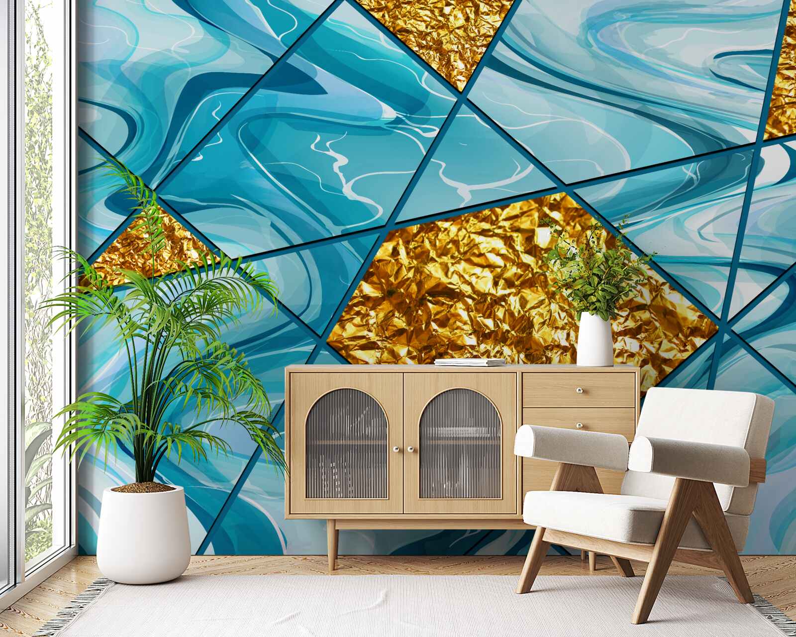 Papier peint le ciel est bleu et flou, décoré d'accents dorés