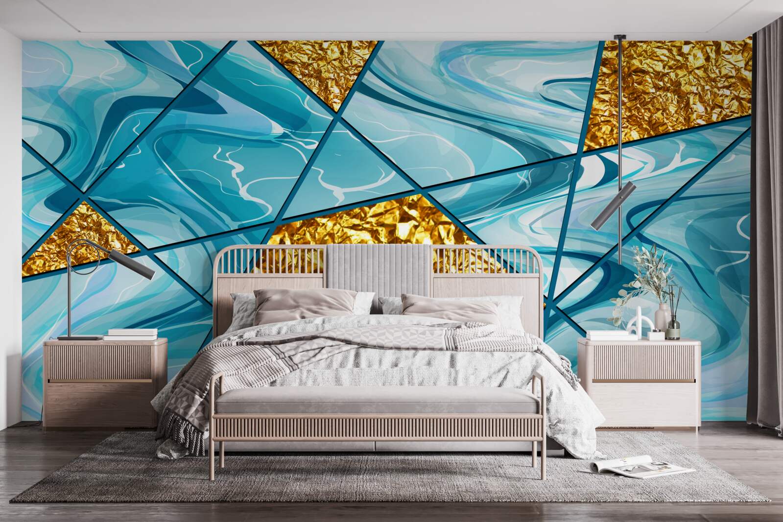 Papier peint le ciel est bleu et flou, décoré d'accents dorés