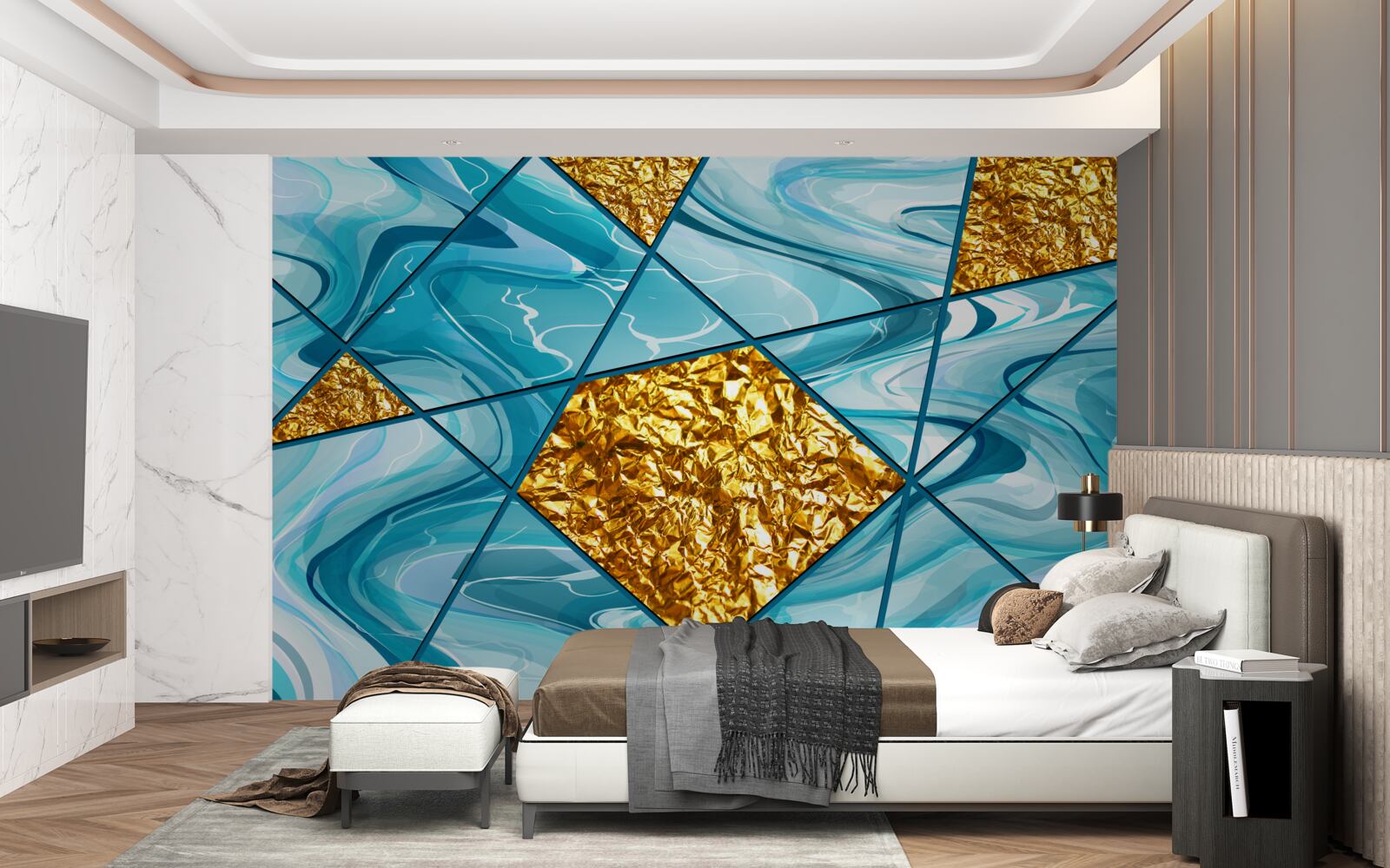 Papier peint le ciel est bleu et flou, décoré d'accents dorés