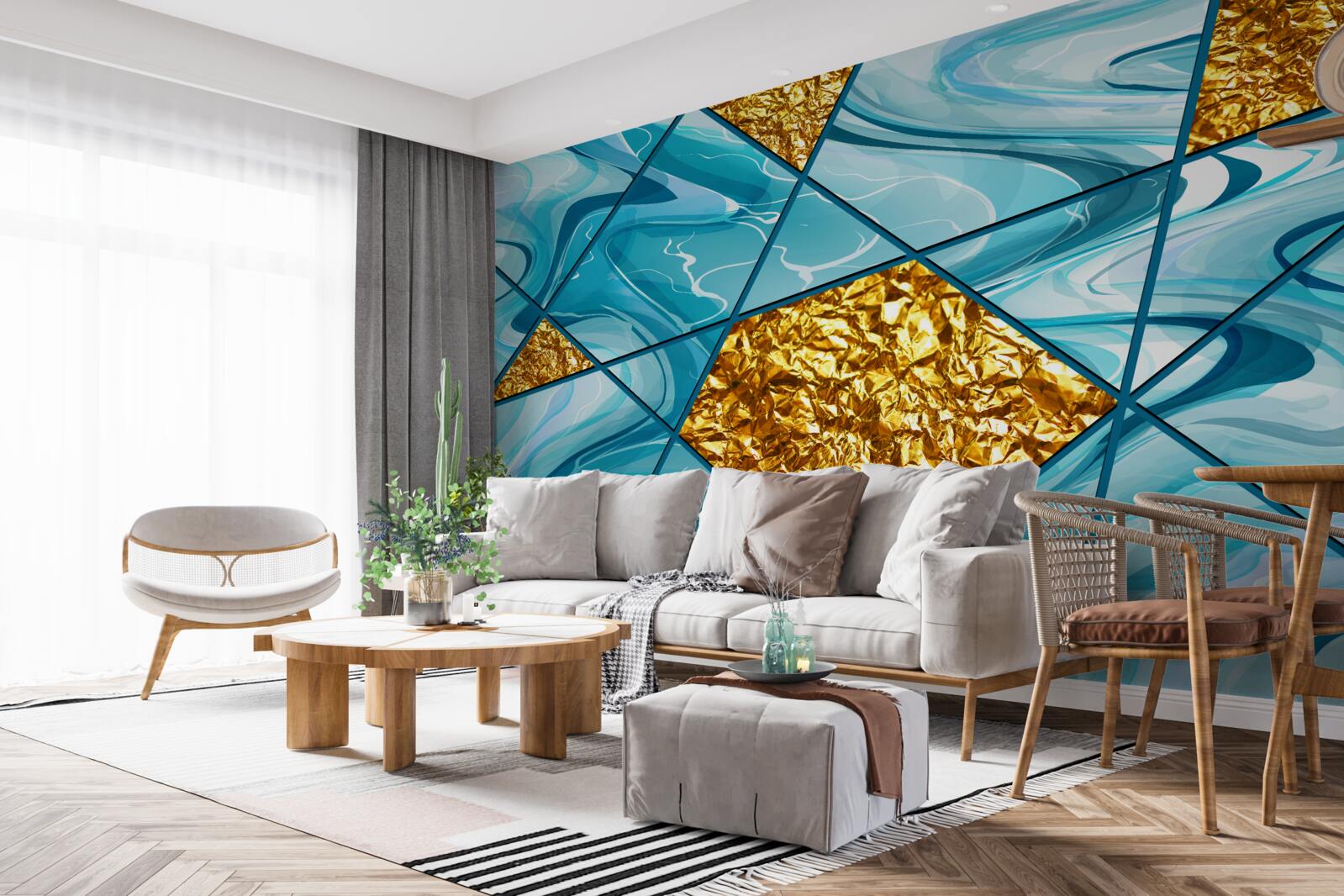 Papier peint le ciel est bleu et flou, décoré d'accents dorés