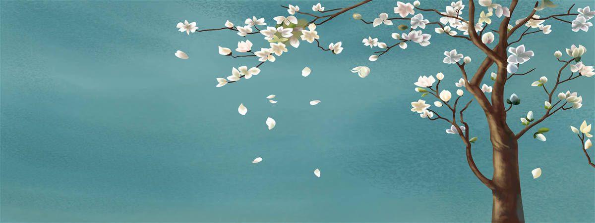 Papier peint fond turquoise décoré d'un arbre en fleurs