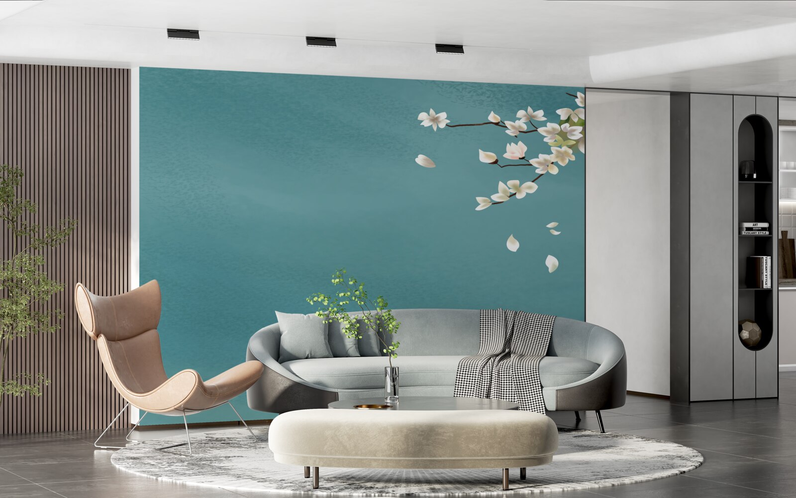 Papier peint fond turquoise décoré d'un arbre en fleurs