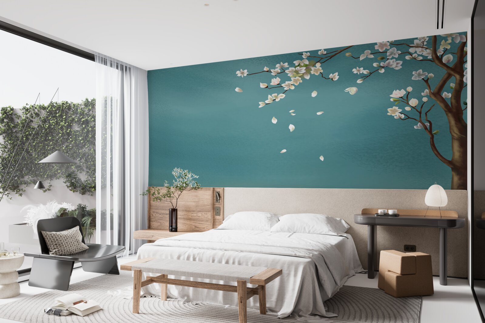 Papier peint fond turquoise décoré d'un arbre en fleurs