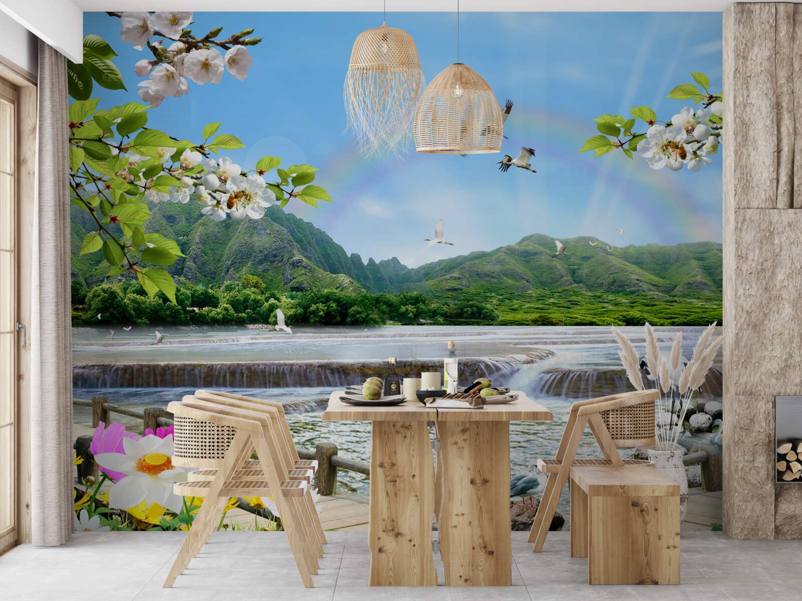 Papier peint Cascade et lac de forêt sous un arc-en-ciel coloré