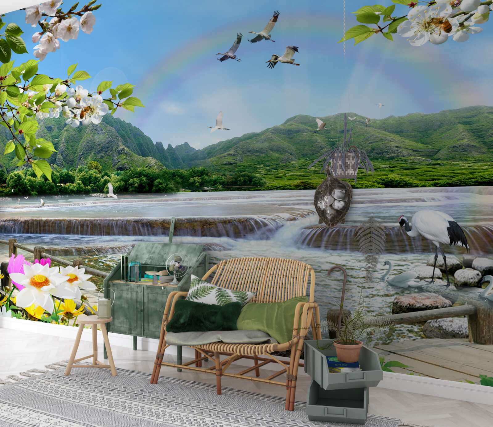 Papier peint Cascade et lac de forêt sous un arc-en-ciel coloré