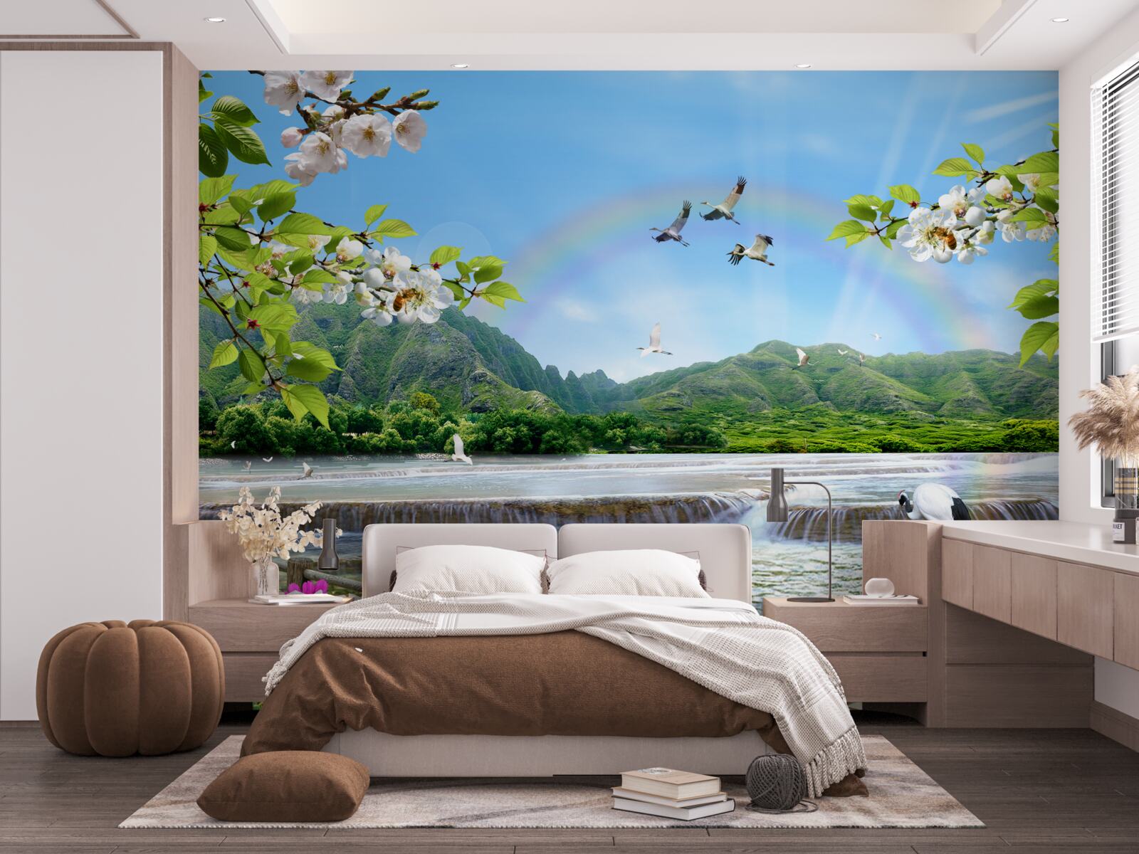 Papier peint Cascade et lac de forêt sous un arc-en-ciel coloré