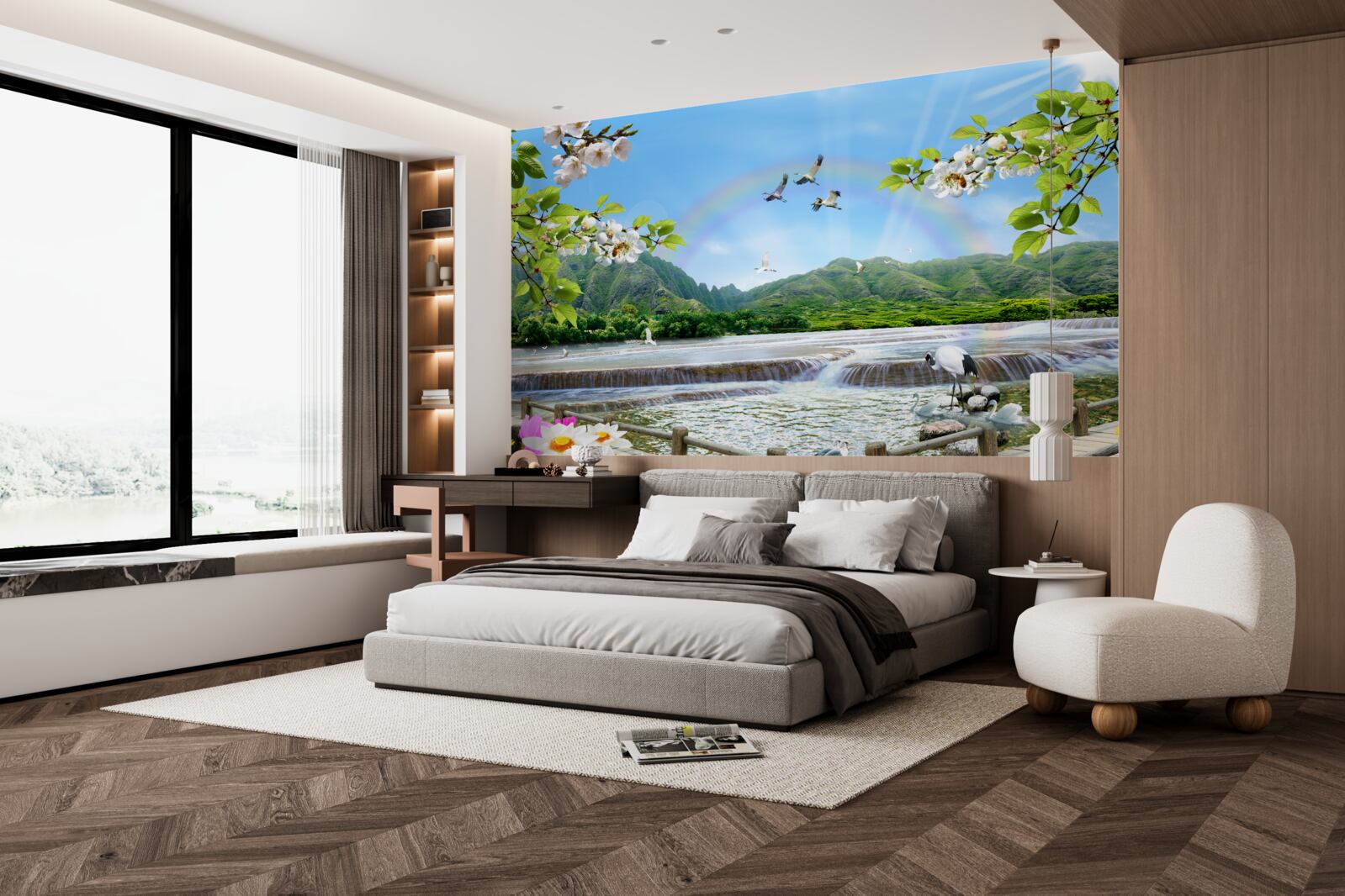 Papier peint Cascade et lac de forêt sous un arc-en-ciel coloré