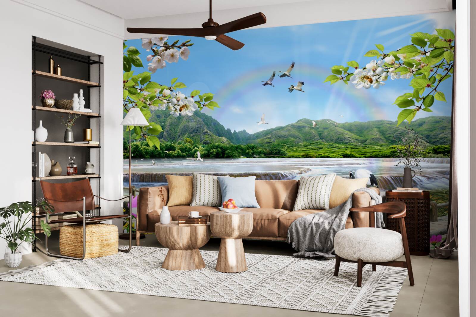 Papier peint Cascade et lac de forêt sous un arc-en-ciel coloré