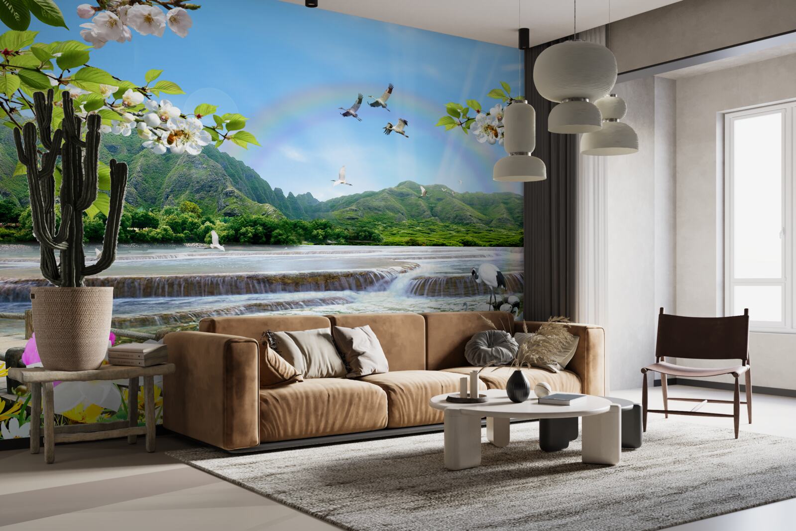 Papier peint Cascade et lac de forêt sous un arc-en-ciel coloré