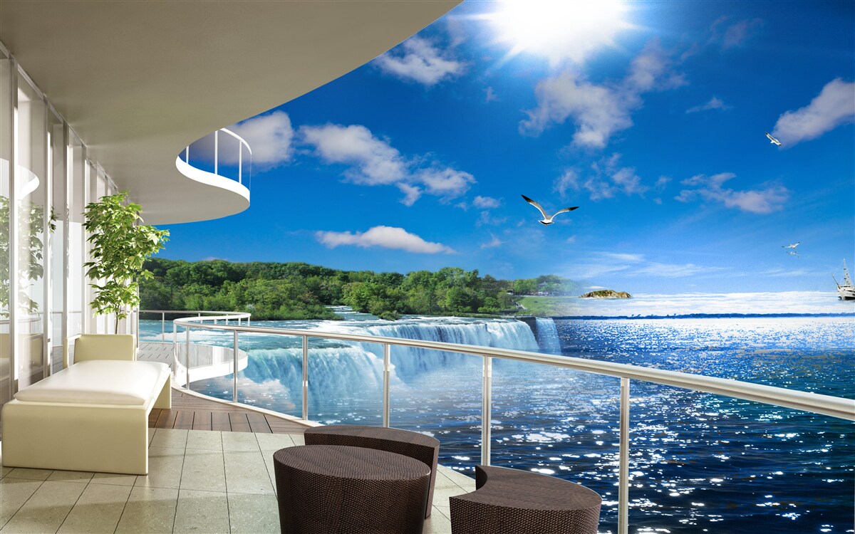 Papier peint balcon près d'une immense cascade