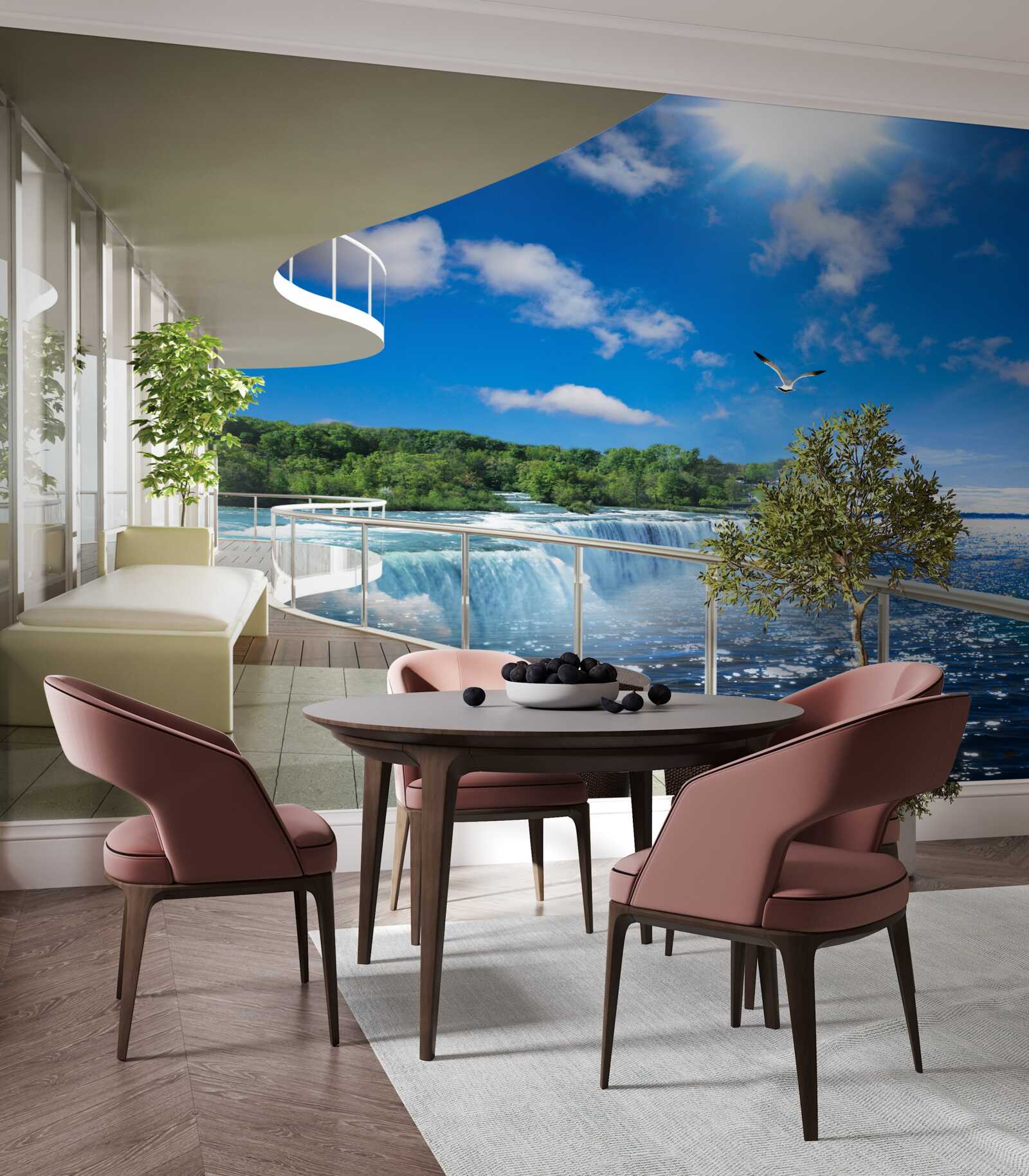 Papier peint balcon près d'une immense cascade