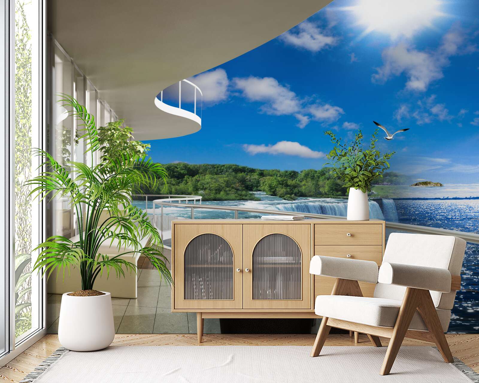 Papier peint balcon près d'une immense cascade