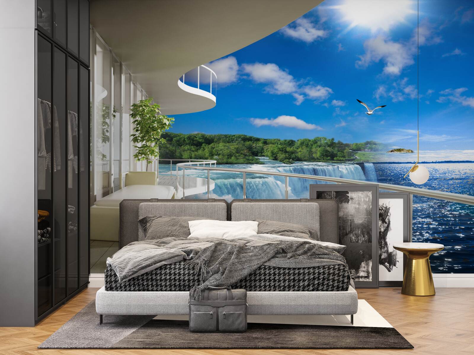 Papier peint balcon près d'une immense cascade