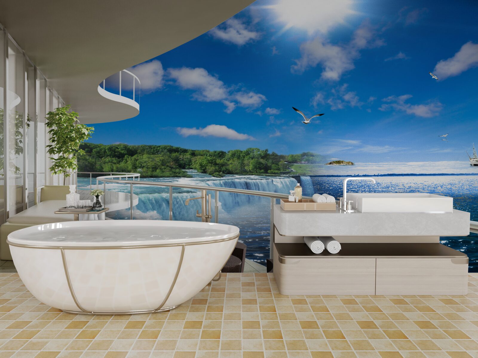 Papier peint balcon près d'une immense cascade