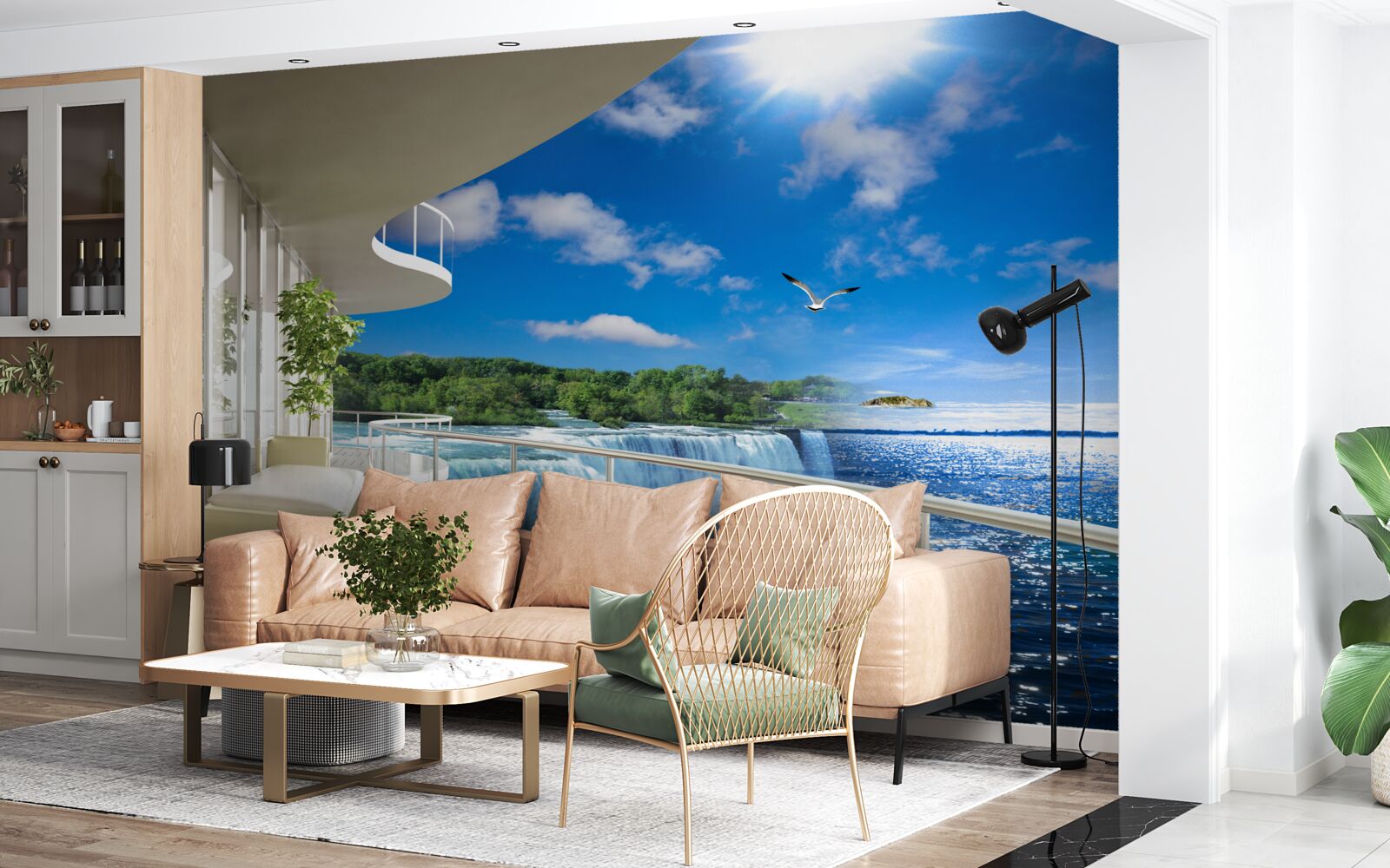 Papier peint balcon près d'une immense cascade