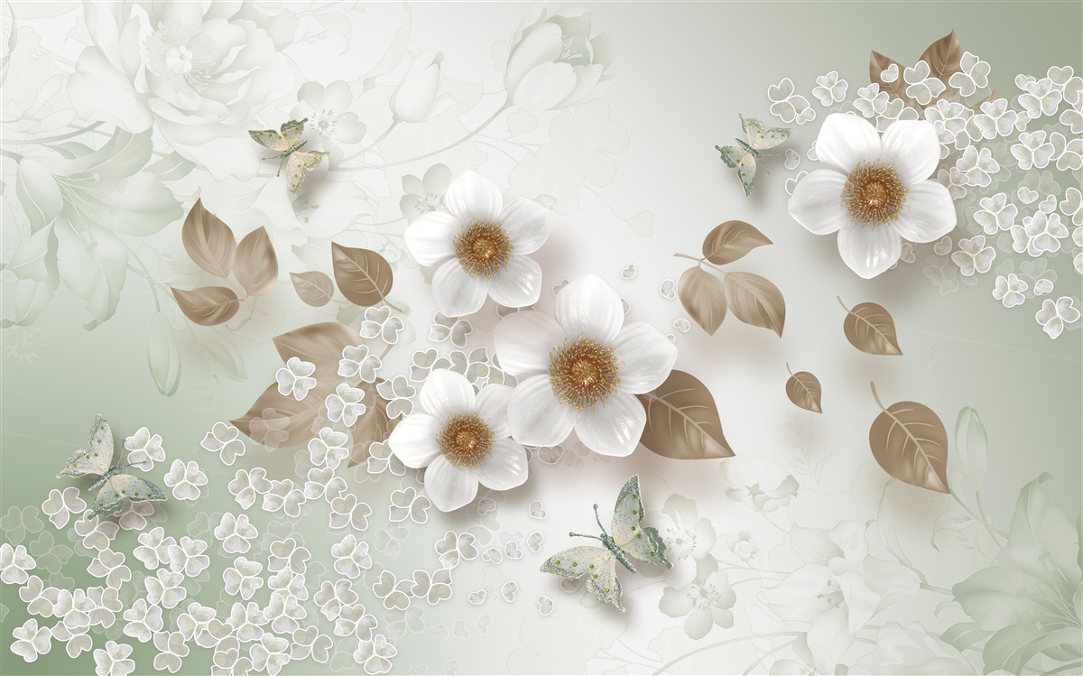 Papier peint fleurs blanches à gros boutons et papillons