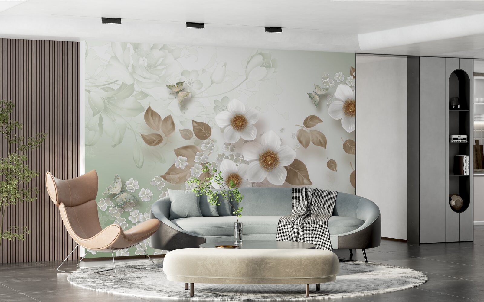 Papier peint fleurs blanches à gros boutons et papillons