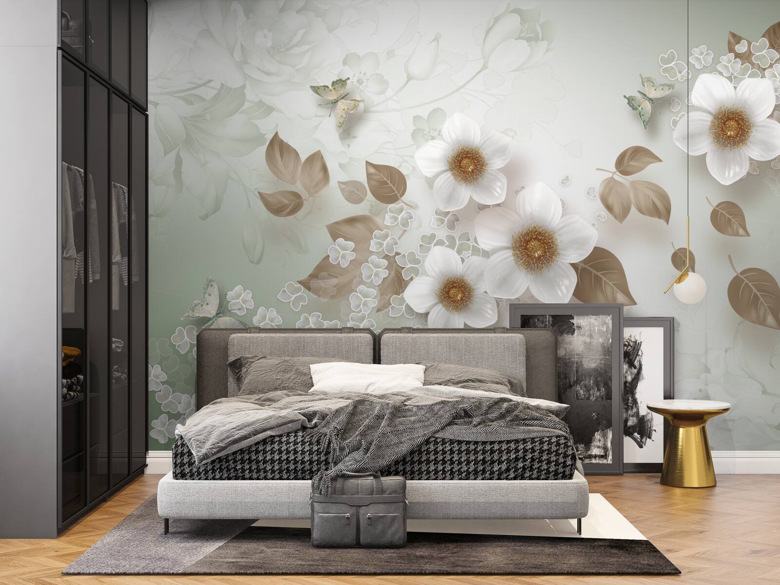 Papier peint fleurs blanches à gros boutons et papillons