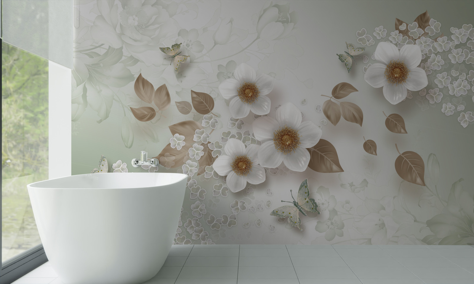 Papier peint fleurs blanches à gros boutons et papillons