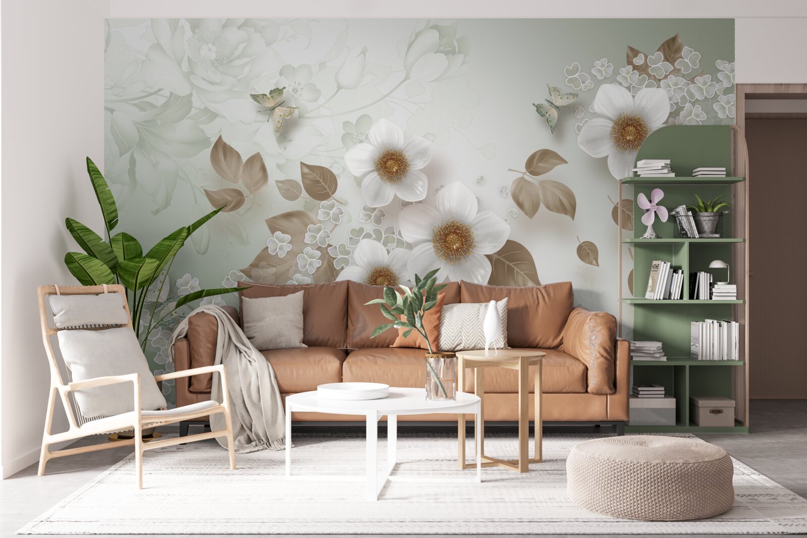 Papier peint fleurs blanches à gros boutons et papillons