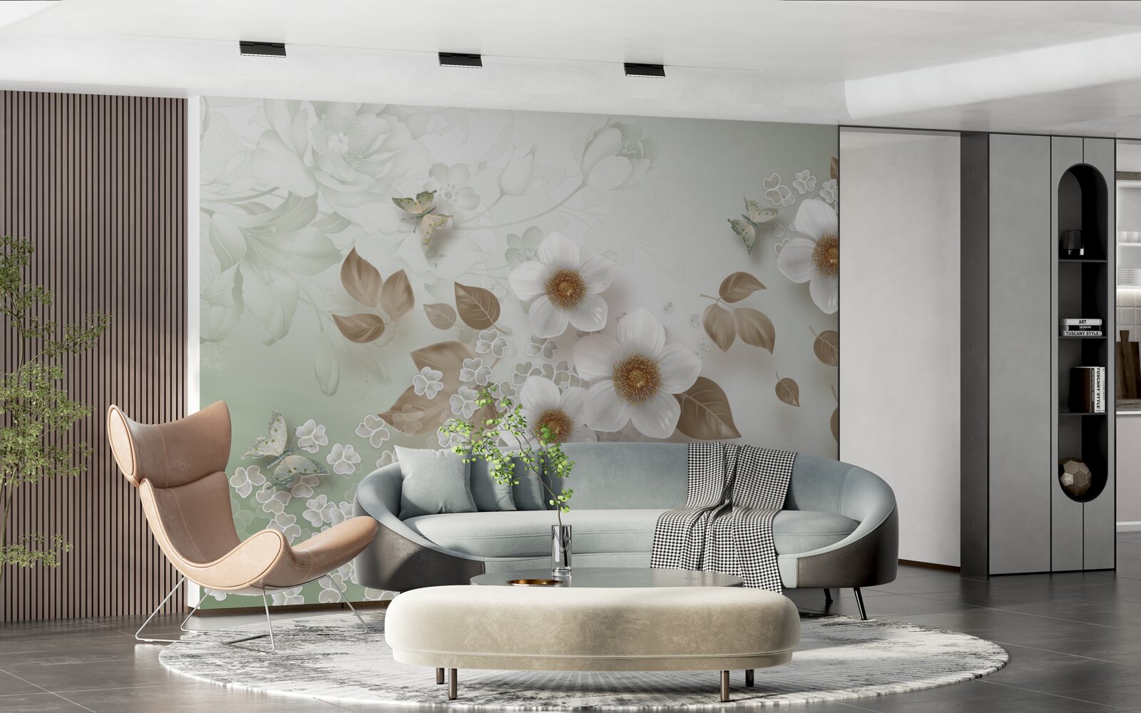 Papier peint fleurs blanches à gros boutons et papillons