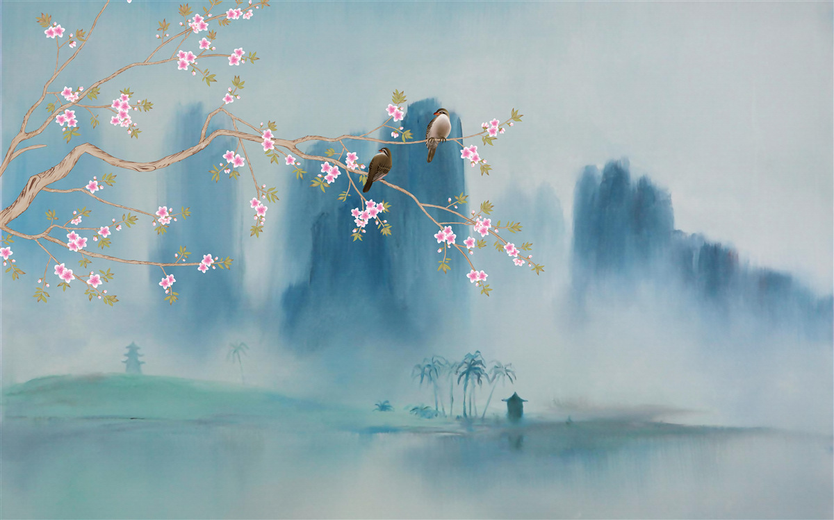 Papier peint les cerisiers en fleurs se ramifient au-dessus d'un lac couvert de brume