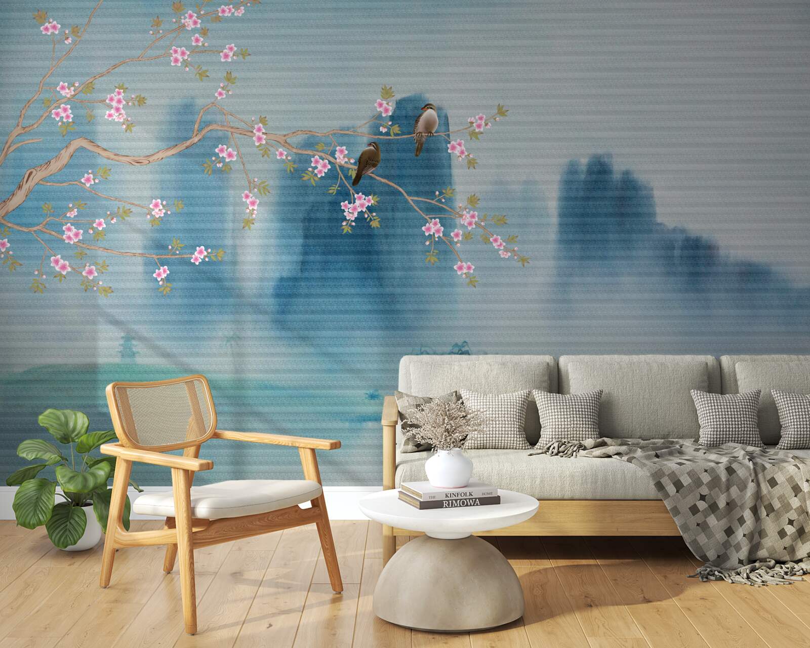 Papier peint les cerisiers en fleurs se ramifient au-dessus d'un lac couvert de brume