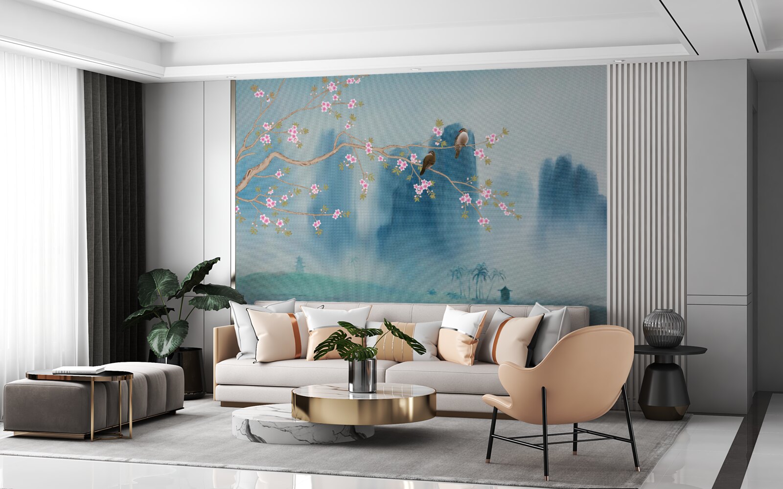 Papier peint les cerisiers en fleurs se ramifient au-dessus d'un lac couvert de brume