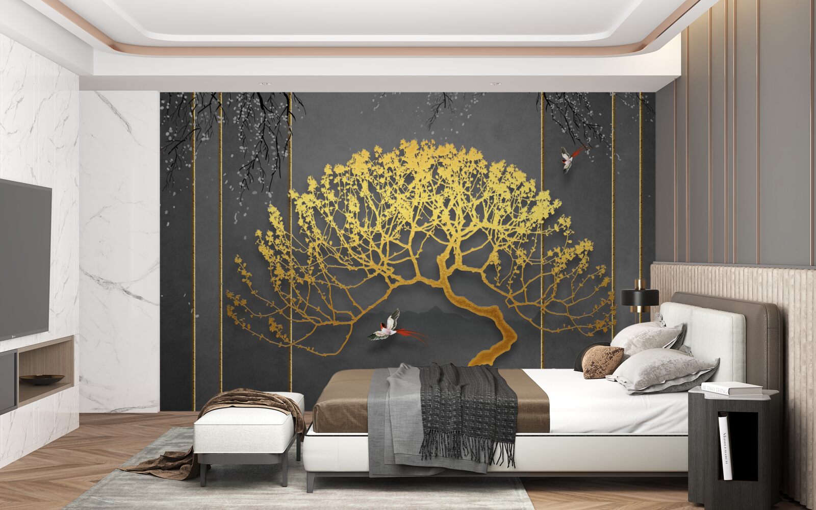 Papier peint silhouette d'un bonsaï brillant d'or