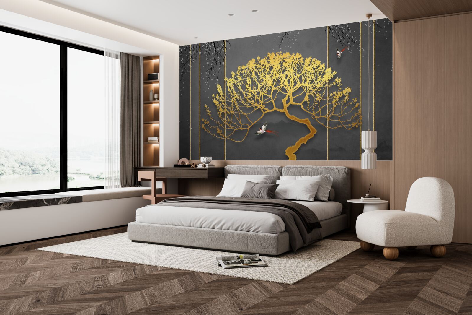 Papier peint silhouette d'un bonsaï brillant d'or