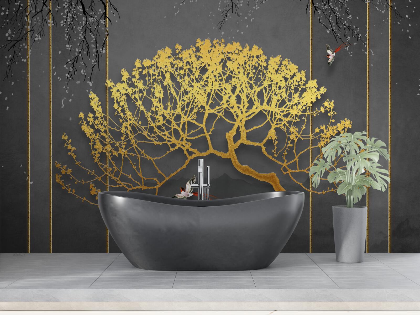 Papier peint silhouette d'un bonsaï brillant d'or