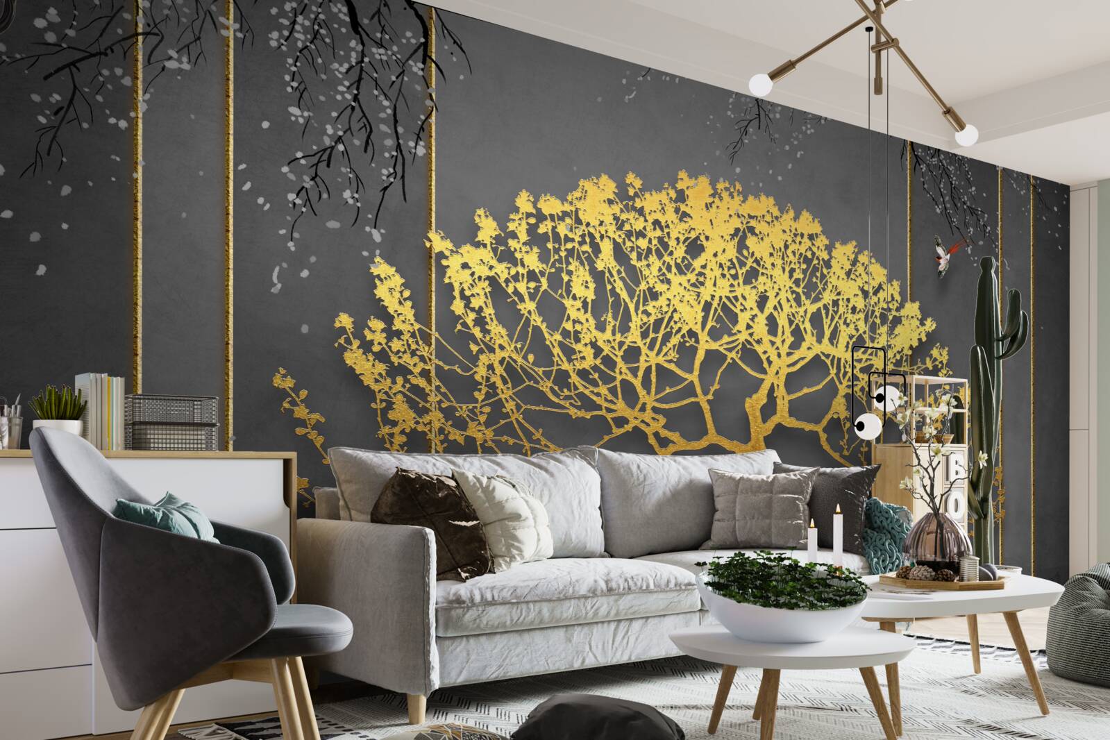 Papier peint silhouette d'un bonsaï brillant d'or