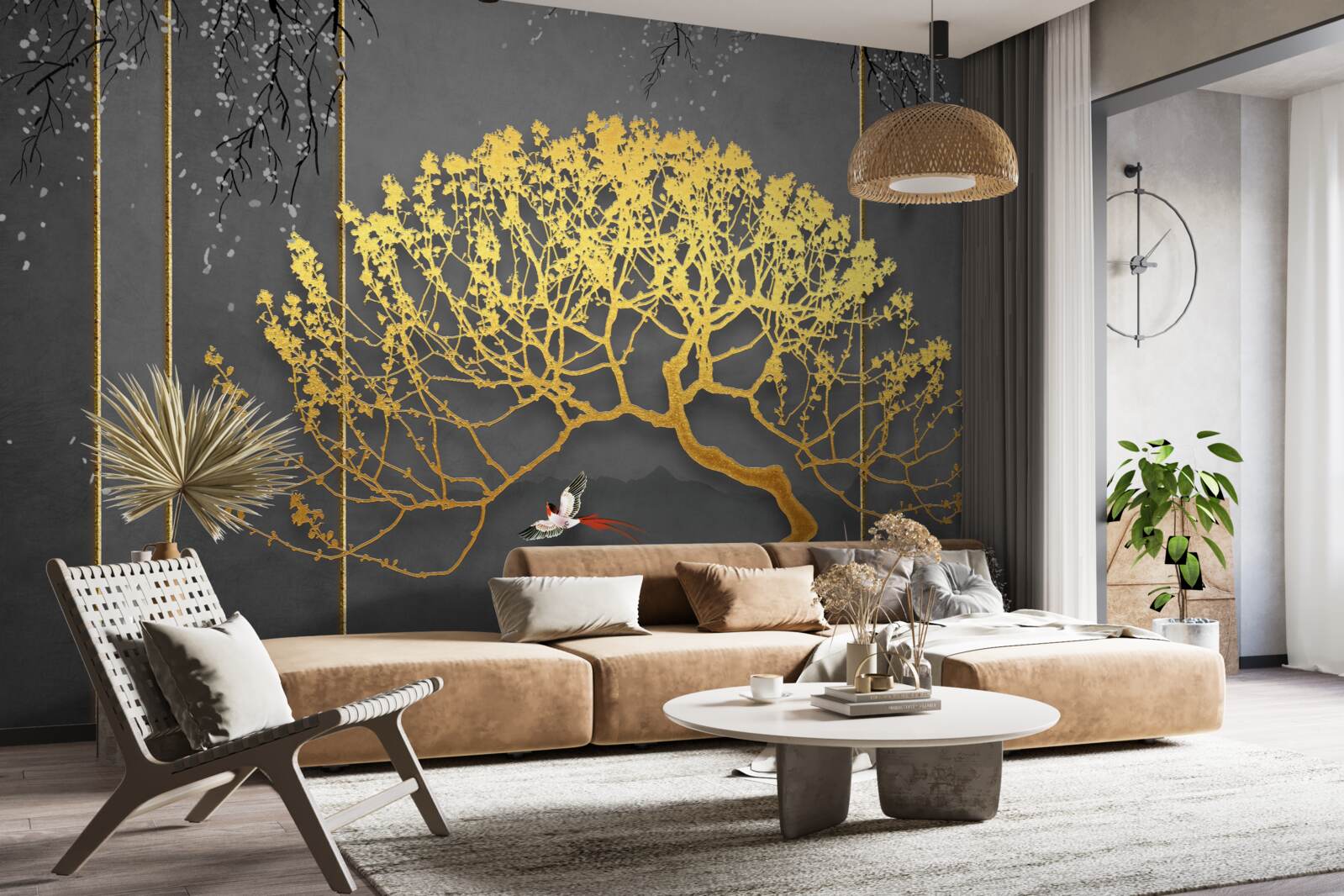 Papier peint silhouette d'un bonsaï brillant d'or