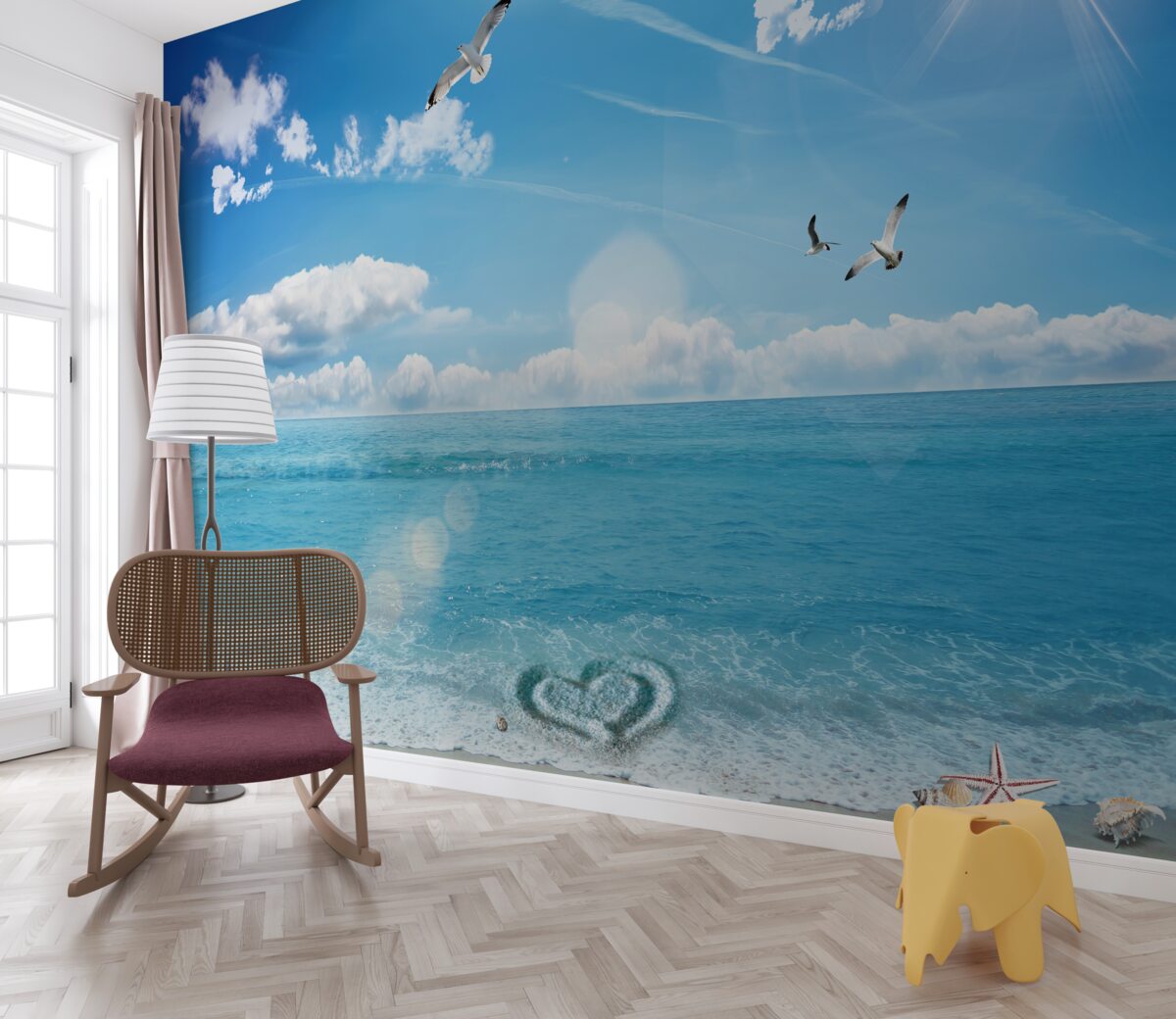 Papier peint mouettes sur les vagues bleues