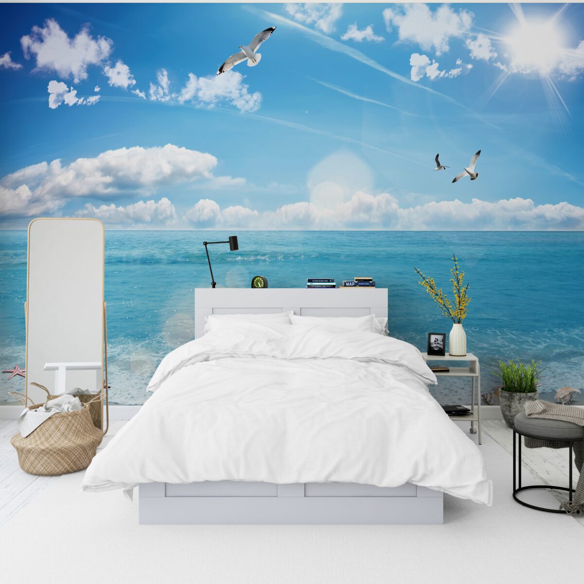 Papier peint mouettes sur les vagues bleues
