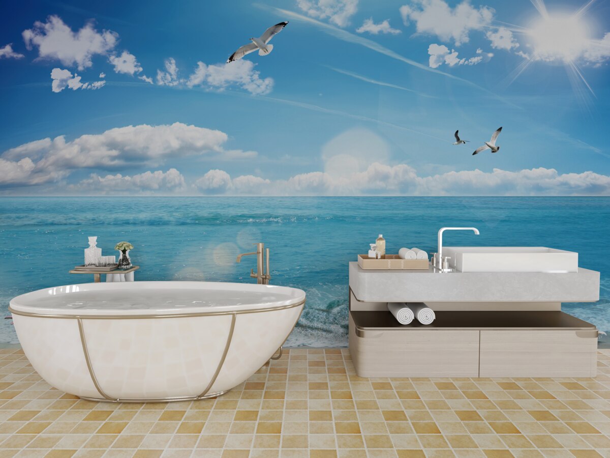 Papier peint mouettes sur les vagues bleues