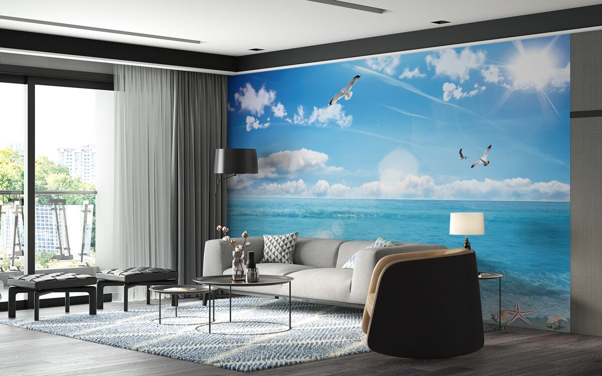 Papier peint mouettes sur les vagues bleues