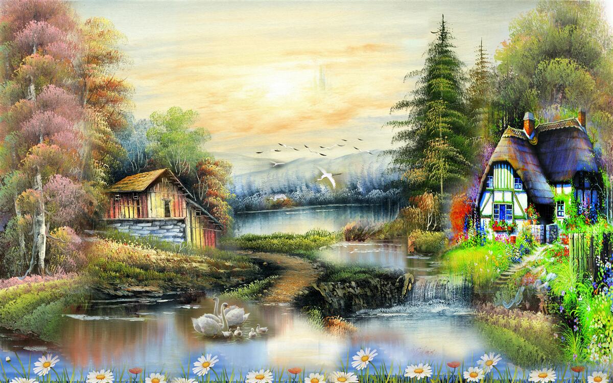 Papier peint maison magique au bord d'un lac, entourée d'une forêt