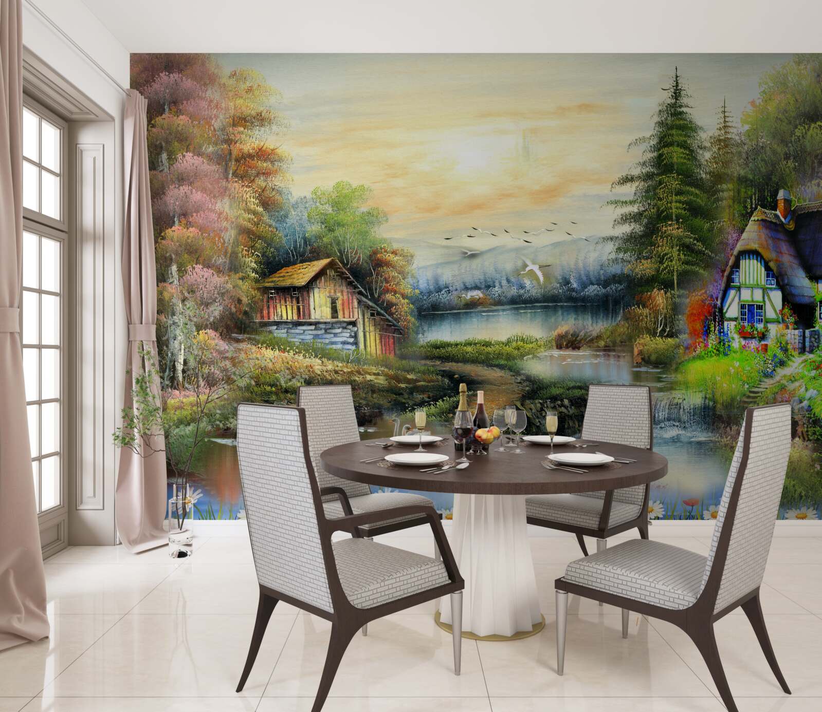 Papier peint maison magique au bord d'un lac, entourée d'une forêt