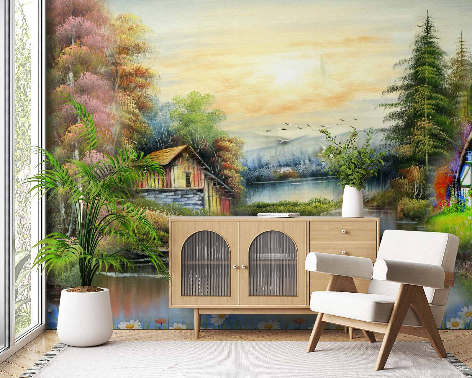 Papier peint maison magique au bord d'un lac, entourée d'une forêt