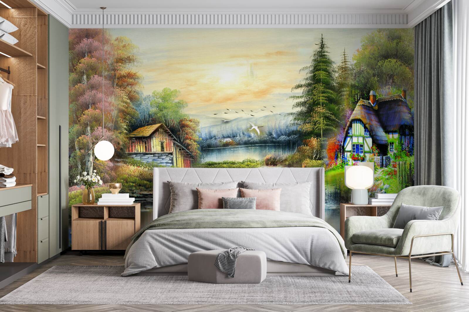 Papier peint maison magique au bord d'un lac, entourée d'une forêt